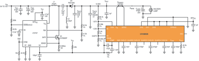 Figure 5. SEPIC halogen power supply accepts inputs above or below 12 V output.